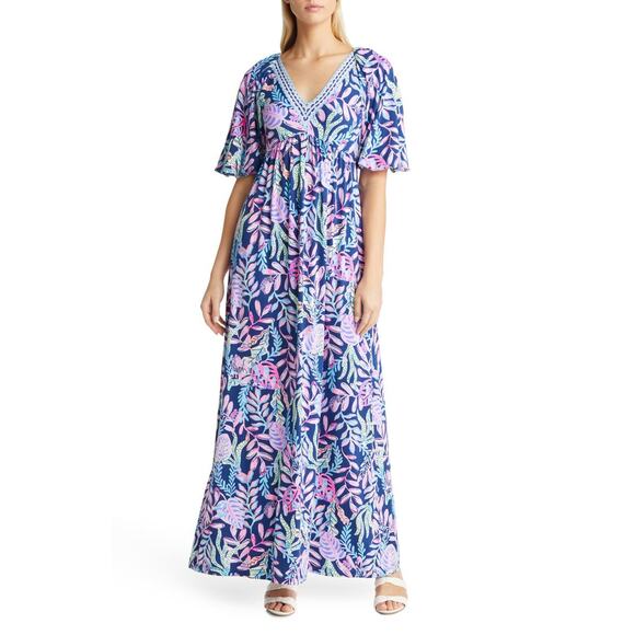 Lilly Pulitzer Manuela Maxi Dress Oyster Bay Navy Pink Spotted V-Neck Sz XS‎ - Picture 2 of 12